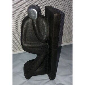 Bookend Abstract MCM Style Thinker Pose Black & Silver Sculpture Doorstop RARE